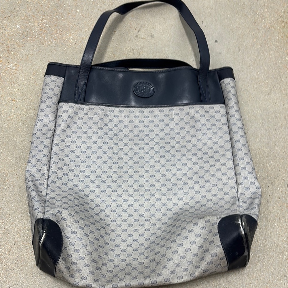 Gucci Navy Blue and Gray Tote Bag with Geometric Pattern